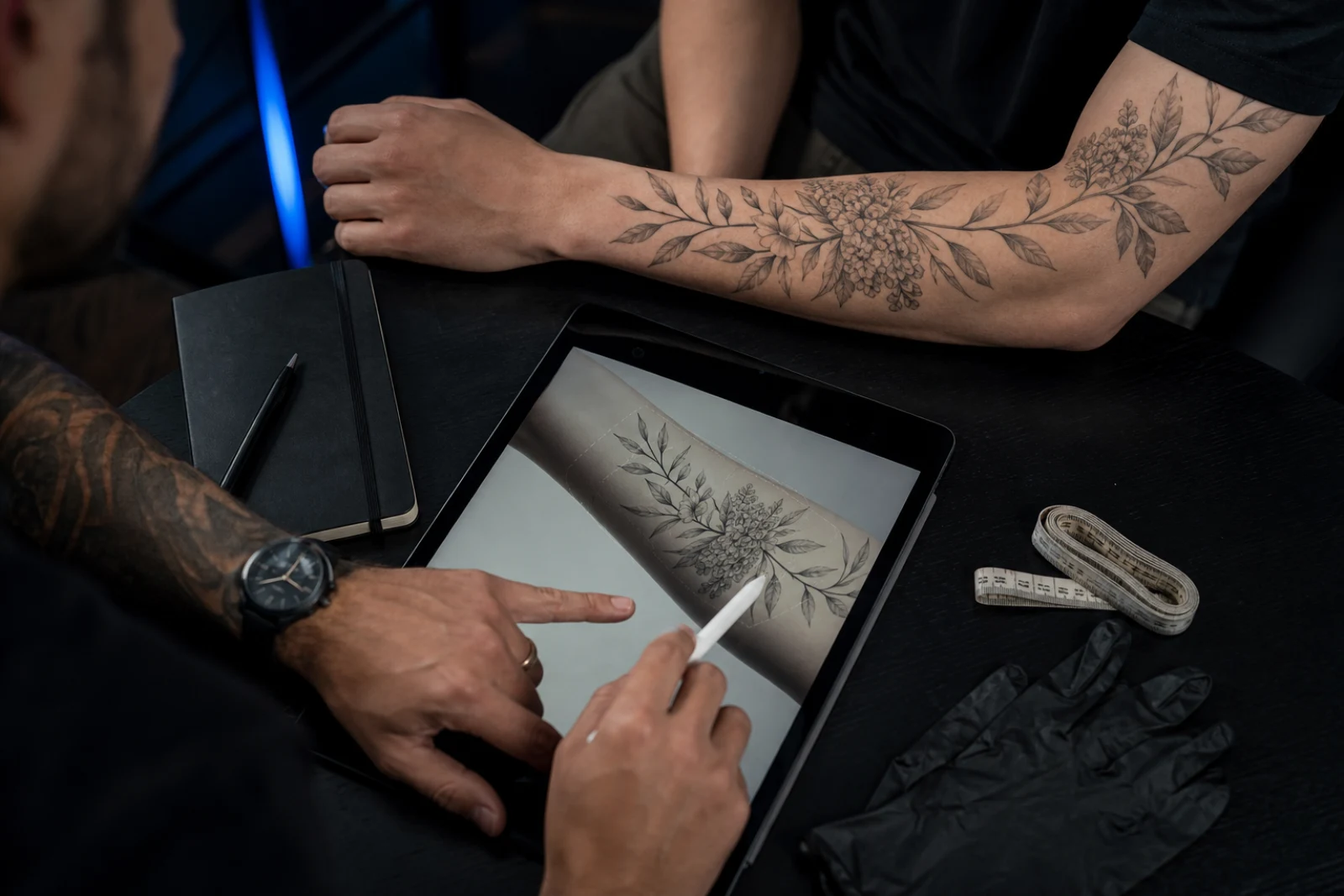 A tattoo artist and client reviewing a forearm placement on a tablet